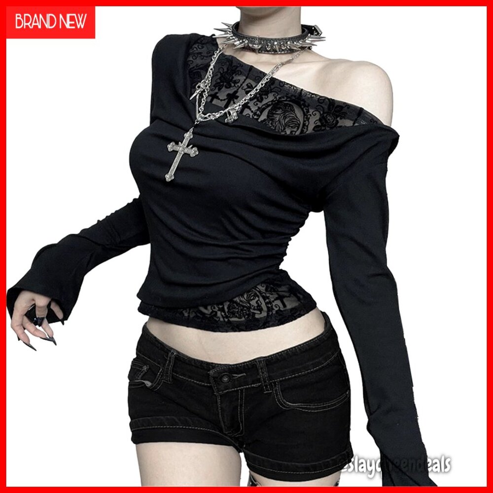 Mesh Long Sleeve Crop Top, Gothic Punk Style, Polyester Spandex Blend